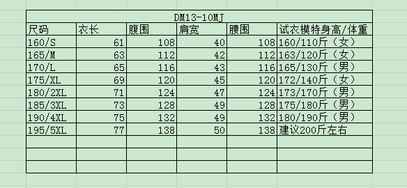 工作服尺寸规格表