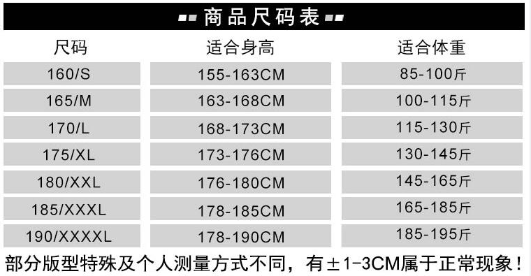 劳保工作服尺寸表